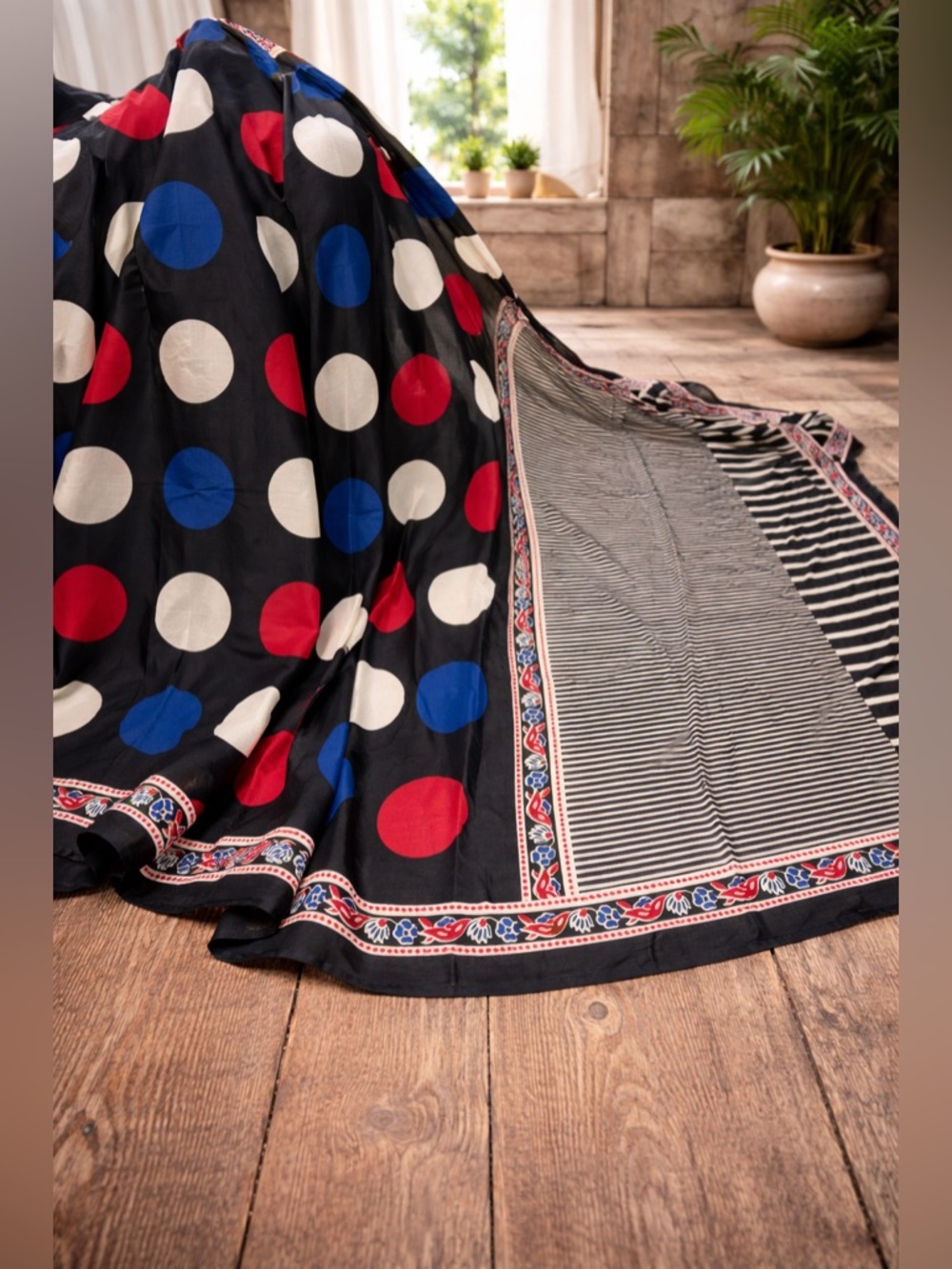 Polka Dot Black Saree with Red, Blue & Cream Dots